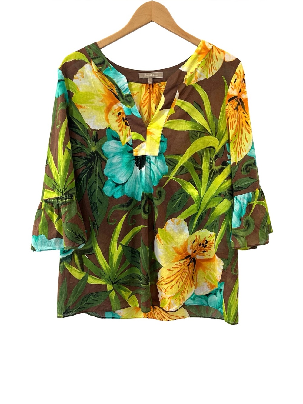 Tommy Bahama floral V-neck top L brown green 3/4 sleeves cotton lightweight